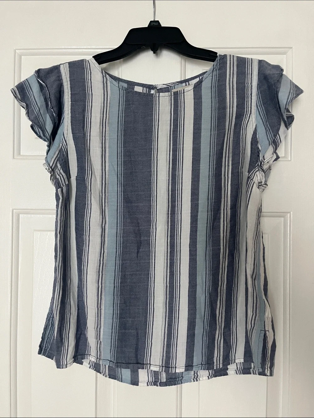 Calvin Klein Jeans Striped Blouse with Ruffle Sleeves Coastal Fisherman - Picture 1 of 6